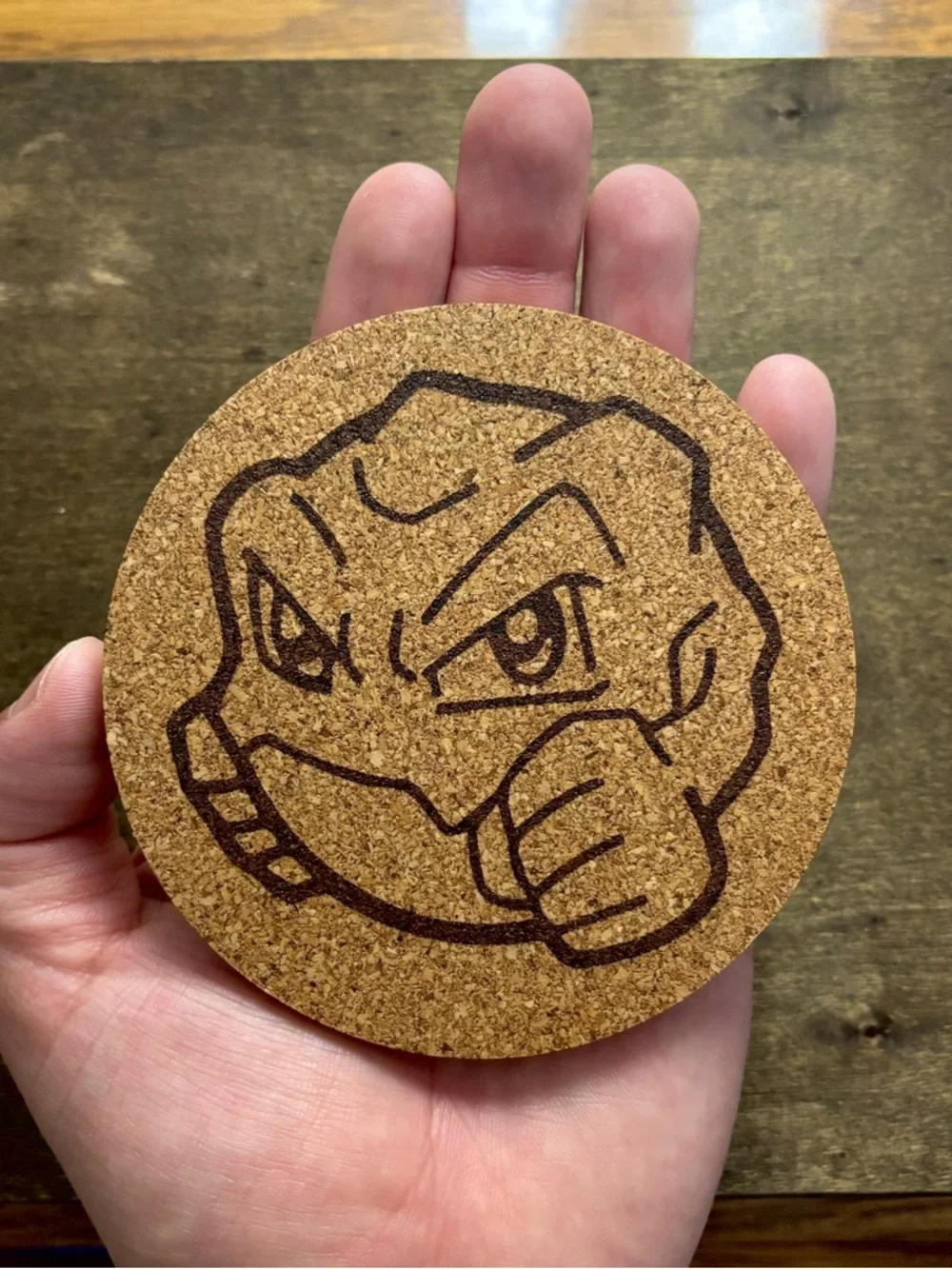 Pokemon Geodude Face Laser Engraved Cork Coaster